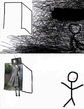Two-panel meme contrasting chaotic lived reality (scribbled noise) with the aestheticized media diet consumed as escape — TV-head replaces human consciousness.