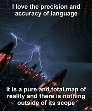 A demonic hand crackling with blue lightning over a neon city, paired with an aphorism on linguistic precision—grandiose mockery of language pedantry.