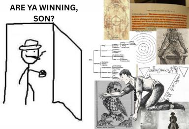 A stick-figure meme asking "are ya winning son?" paired with a dense collage of historical philosophy, esotericism, and anatomical knowledge—a joke about the incoherent quest for enlightenment.