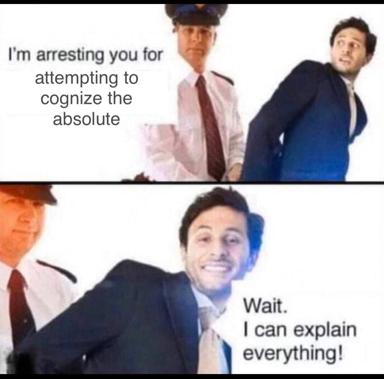 Two-panel meme showing a man being arrested "for attempting to cognize the absolute," followed by his confident plea "Wait. I can explain everything!"—a wry joke about philosophy and the presumption that one can rationalize existence itself.