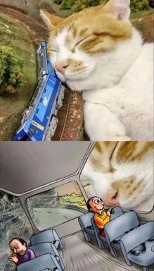 A cat smothering a toy train with its face while two tiny cartoon passengers inside look on in terror, reimagined as a size-mismatch horror-comedy.