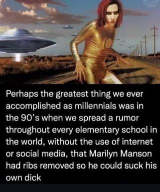 Y2K alien glamour shot with UFO and desert highway, paired with a millennial era-rumor anecdote about Marilyn Manson.