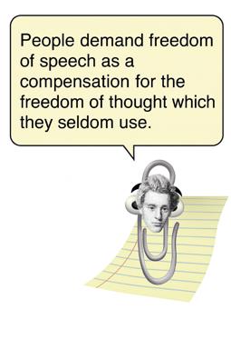 A classical bust wearing headphones, impaled on a jumbo paperclip atop lined notepaper — a witty visual metaphor for the contradiction between demanding free speech and ignoring the freedom to think.