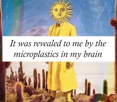 A sun-headed figure in a yellow robe stands in a desert, confessing internal contamination—cosmic pretension deflated by the mundane specificity of microplastics.