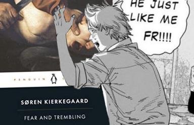 Manga panel collage: a distressed character declares "HE JUST LIKE ME FR!!!!" next to Kierkegaard's *Fear and Trembling*. Existential dread meets millennial self-recognition humor.