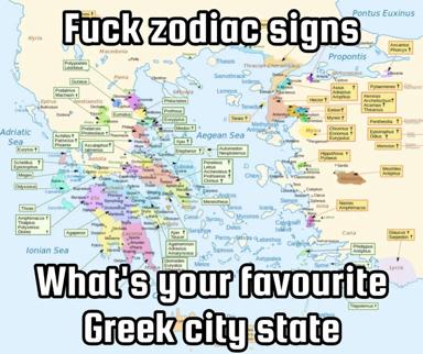 Ancient Greece reimagined as a zodiac chart, labeling city-states and gods by constellation. A parody of astrology meeting classical geography, with irreverent text overlay.