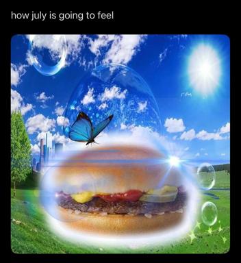 Absurdist composite image of a holographic hamburger floating in nature — the caption questions how intense July weather will feel by merging food, atmosphere, and surreal cosmic imagery.