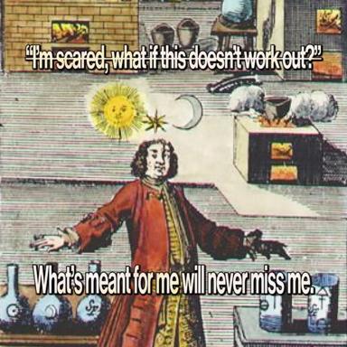 An 18th-century aristocrat in a red coat stands in a glitchy modern apartment, philosophically accepting his anachronism: what survives must be what he's meant to be, celestial symbols and period engraving collaged into VHS degradation.