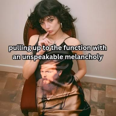 A person arrives at a social event barely concealing profound, romantic melancholy—embodied as a classical portrait worn on their chest and a pose of existential ennui.