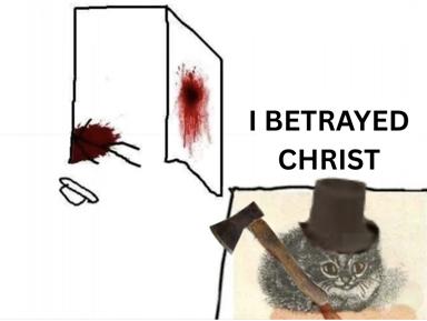 A twee medieval cat in a top hat swings an axe while confessing betrayal—a sacrilegious absurdist joke inverting religious gravity with animal silliness.