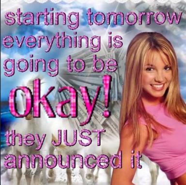 A Y2K-era image macro pairing optimistic text in pink outline font with a blond woman in a pink top against a cloud/sky background.