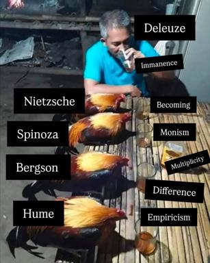 A person in a blue shirt inspects roosters, each labeled with a philosophical figure or concept. A surreal taxonomy of Western metaphysics.