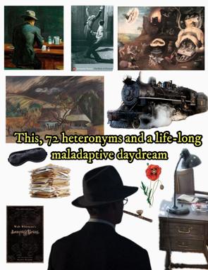 Literary mood-board collage on dissociation and artistic fragmentation: old masters, book spines, railway, noir silhouette, maladaptive daydream.