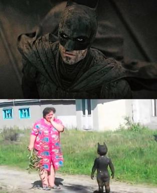 Batman's intense vigilante aesthetic applied to a child in pink pyjamas playing with a toy—scale collapse as humour.