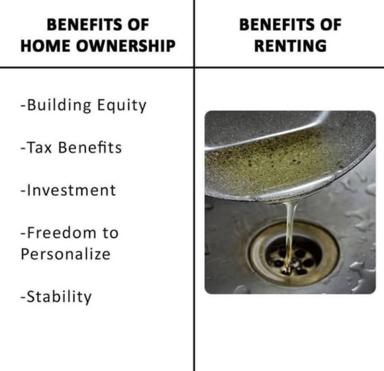 A comparison chart between home ownership and renting, using a draining sink to metaphorically satirise renting as losing money.