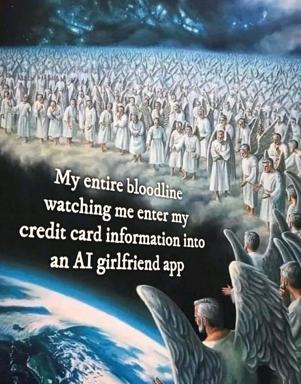 A heavenly chorus of angels in white robes witnesses a cosmic judgment scene; meme contrasts divine solemnity with mundane digital anxiety.