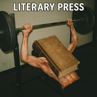 A gym-goer bench-presses a leather-bound book instead of a barbell, captioned "LITERARY PRESS" — visual pun on intellectual labor as physical exertion.