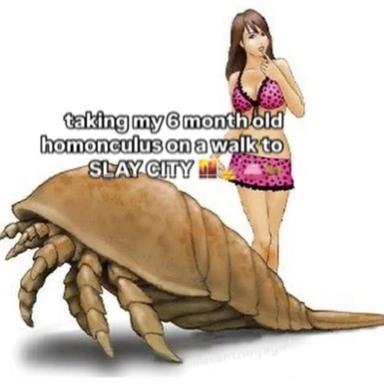 Woman in hot-pink bikini rides a giant hermit crab with glacial confidence through slay city.