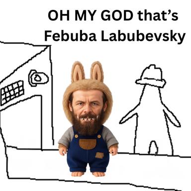 A rabbity bearded creature rendered in 3D detail is bizarrely placed in a minimal stick-figure interior. The jarring scale and medium mismatch is the joke.