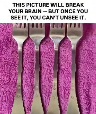 An optical illusion depicting five magenta textured 3D objects with forks, accompanied by a claim that once seen, it cannot be unseen—a visual trick designed to make viewers look twice and spread the image.
