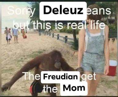 A philosophy meme conflating Freudian psychology with primate behavior at a beach: "Sorry Deleuze sans this is real life / The Freudian get the Mom" overlaid on a scene of a woman in denim overalls next to an orangutan reaching toward her, beachgoers in the blurred background.