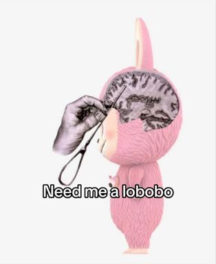 A pink fluffy creature's brain is exposed and examined with tweezers—a surreal riff on self-introspection and the desire for external help with inner emptiness.
