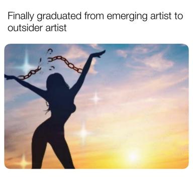 Figure emerging from breaking chains against a golden sunrise, celebrating the transition from emerging to outsider artist status — a tongue-in-cheek commentary on artistic legitimacy.