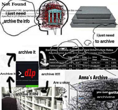 Internet Archive addict's brain: a collage of server errors, database statistics, and digital preservation panic, urging obsessive archiving across multiple mirrors (dlp, Anna's Archive, Internet Archive).