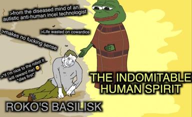 Wojak confronts a Roko's Basilisk-coded Pepe figure; lamentation of human futility masked as spiritual triumph.
