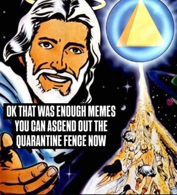 A bearded figure approves ascension through an illuminated cosmic gateway, signalling the end of meme consumption as a spiritual practice — New Age mysticism meets internet absurdism.