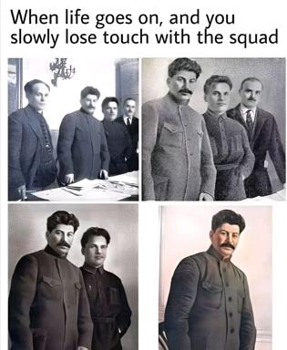 Soviet historical photographs progressively isolate a single figure from a group, illustrating the inevitability of losing touch with friends over time and distance.