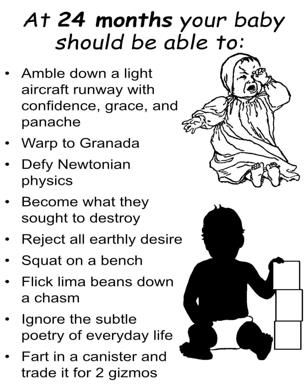 Absurdist baby milestone checklist: a parody of developmental charts with impossible and surreal infant feats rendered in deadpan bullet-point style.