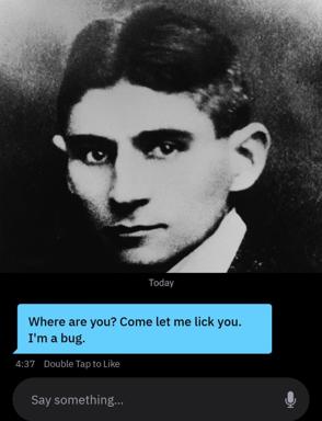 Early 20th-century portrait overlaid with absurdist dialogue claiming to be a bug.