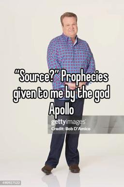 A Getty Images portrait of a smiling man in a pink-and-blue gingham shirt and jeans, captioned with a deadpan riff on divine prophecy.