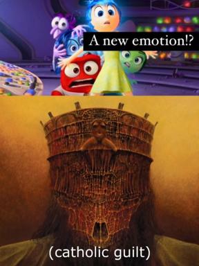 *Inside Out* discovery of a new emotion collides with Catholic guilt conscience in baroque archecture — the joke is that guilt emerges as the movie's true protagonist.
