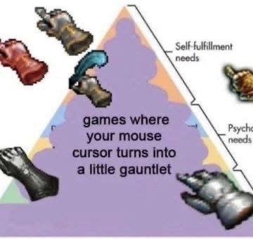 Maslow's hierarchy pyramid reimagined as an escalation of gaming mice, celebrating the specific cursor aesthetic where your pointer becomes a little gauntlet.