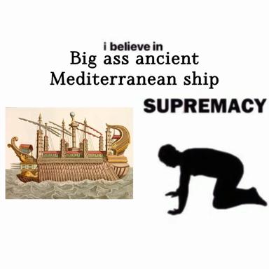 A absurdist meme pairing an ornate Renaissance galley with a black silhouette of a kneeling figure, juxtaposing naval supremacy rhetoric with wordless capitulation.