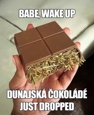Chocolate bar containing literal straw spills from a broken corner as it's held up under urgent, affectionate messaging—an absurdist meme on commodity announcement.