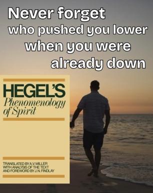 A solitary figure wading into the sea at dusk, paired with a paraphrased Hegelian observation about despair and the withdrawal of support.