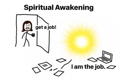 A stick-figure meme contrasting the advice to "get a job" with the existential realization that you've become the job itself, surrounded by glowing screens and documents.