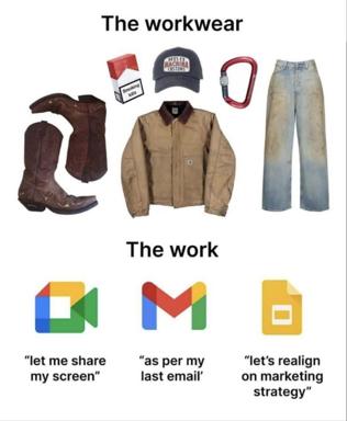 Deadpan comparison of outdoor workwear (boots, jacket, jeans, hat, carabiners) versus the visual tools of office work (Google Meet, Gmail, Google Docs) — a comment on the gap between field labour and corporate digital presence.