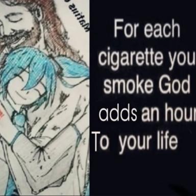Two-panel meme: illustrated figure with turquoise hair smoking on the left; text-based punchline on the right about the life-extending properties of cigarettes.