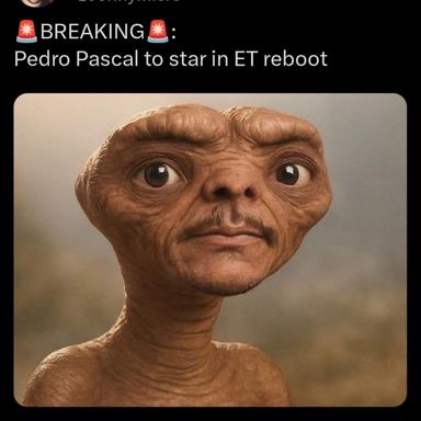 A "breaking news" meme announcing Pedro Pascal will star in an E.T. reboot—but the image is the E.T. alien itself, rendered hyperrealistically and wide-eyed.