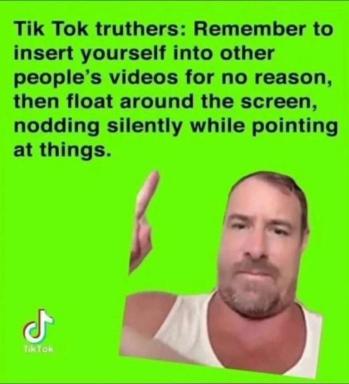 TikTok meme satirizing the platform's silent "float around and nod" reaction aesthetic—the guy just inserted himself into someone else's video and is pointing at things judgmentally.