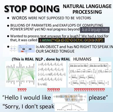 Technical satire on the gap between AI language-model marketing and actual NLP; humans do rigorous linguistic formalization, LLMs do statistical scaling.
