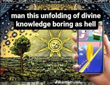 A smartphone held in hand displays a mundane app interface overlaid on an engraving of cosmic/mystical vision—a commentary on the banality of digital experience versus spiritual aspiration.