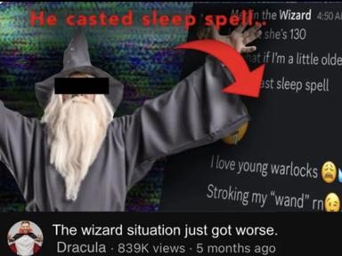 Wizard casting a spell, paired with a comedic Tinder conversation about age gaps and magical romance—the punchline rides the double-entendre of "wand" and the absurdity of dating a 130-year-old.