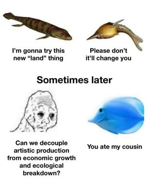 Four-panel meme narrating evolution's regrets: leaving water and the breakdown of art from growth