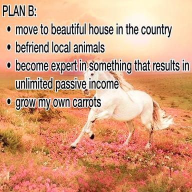An off-white goat grazes in a field of pink and coral wildflowers, illustrating an ironic "Plan B" for a simpler life: rural domesticity, passive income schemes, and subsistence farming.