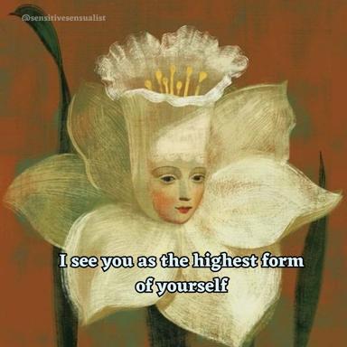 Botanical humanoid meme: a delicate face emerging from layered flower petals with green foliage framing, set against rust-brown background. Overlaid text flatters the viewer in romantic language.